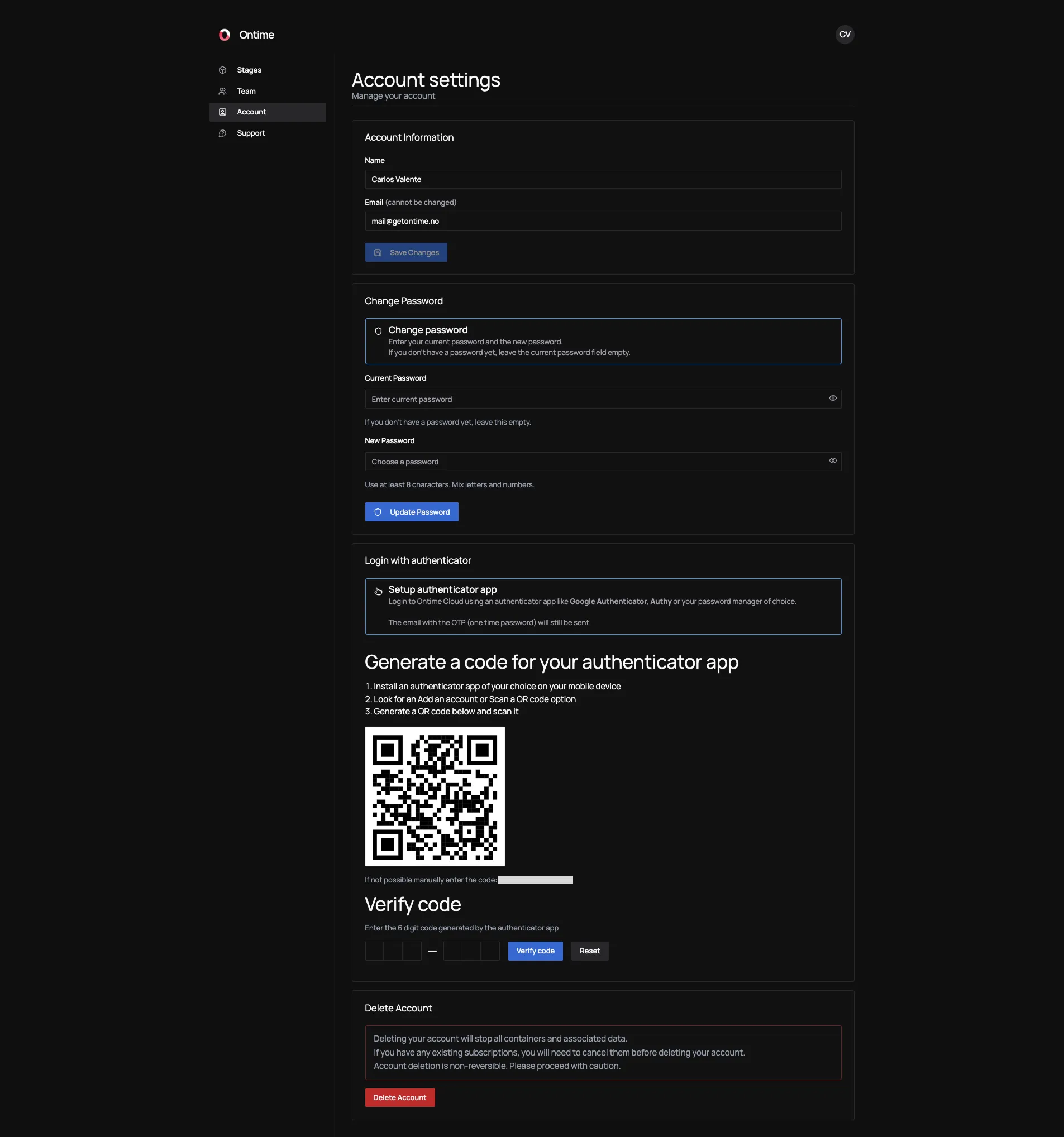 Account dashboard